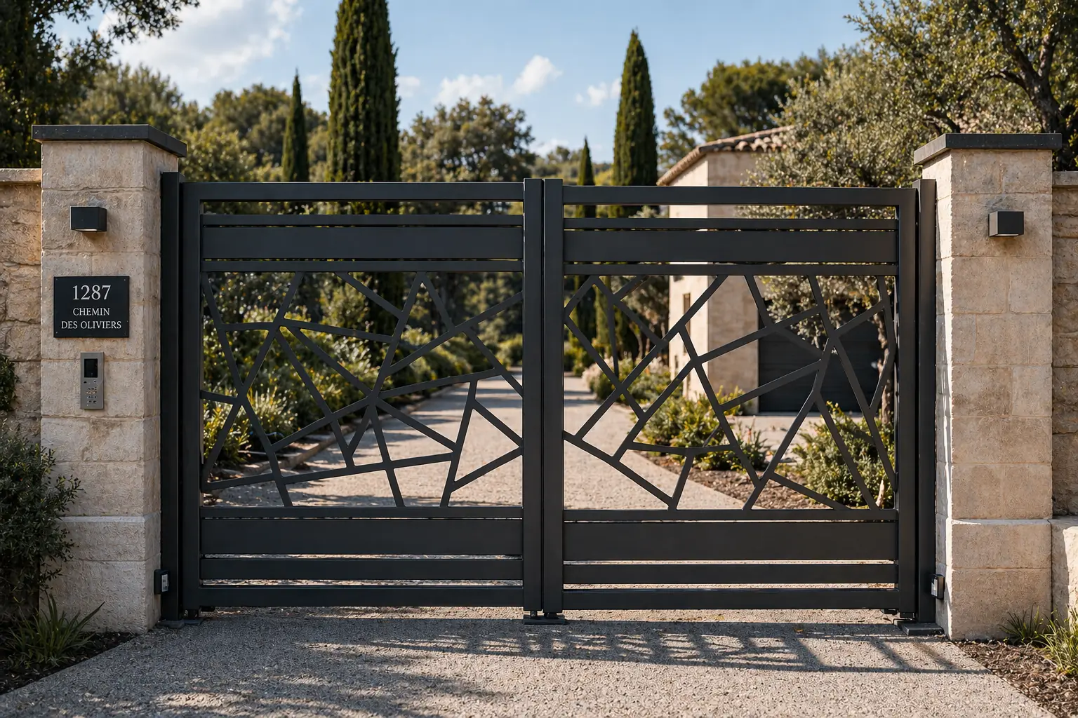 Portail en ferronnerie sur mesure design géométrique, réalisation Enerpass Hérault