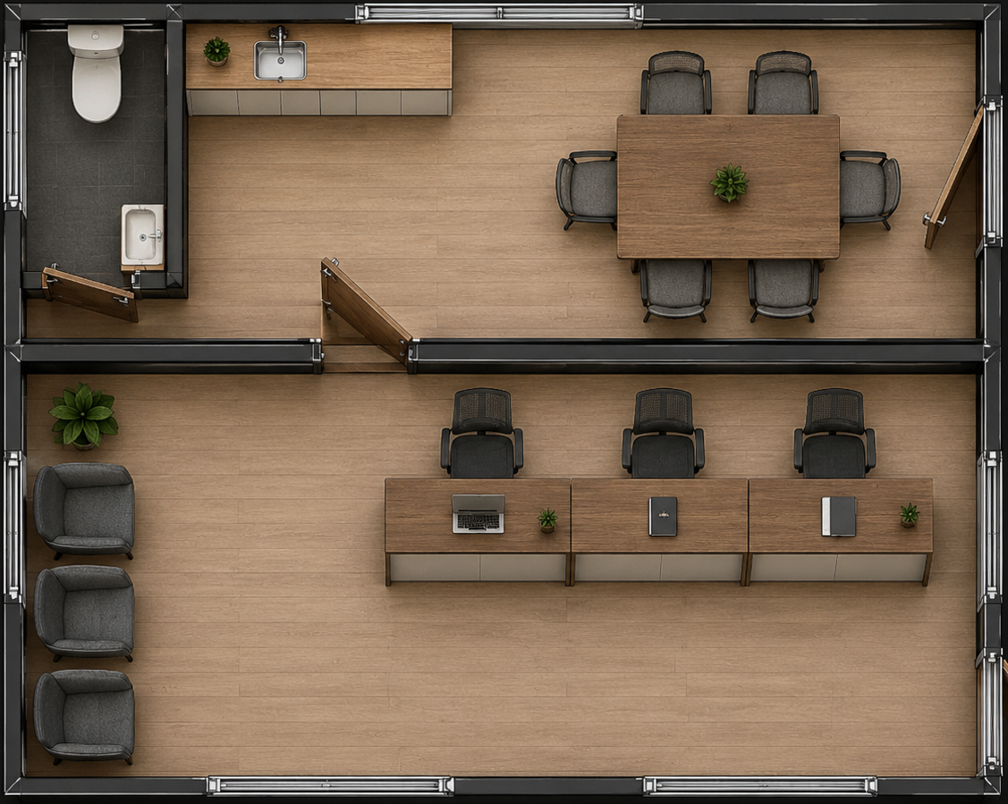 Plan top-view bureau open-space container — salle de réunion 8 personnes et postes de travail