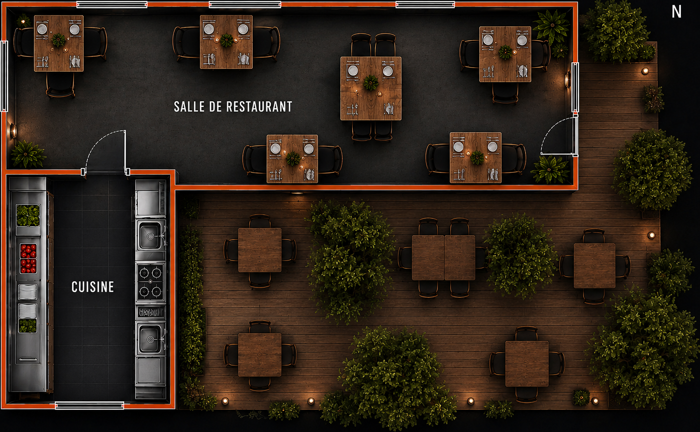 Plan top-view restaurant container — cuisine professionnelle et salle de restaurant 20 couverts