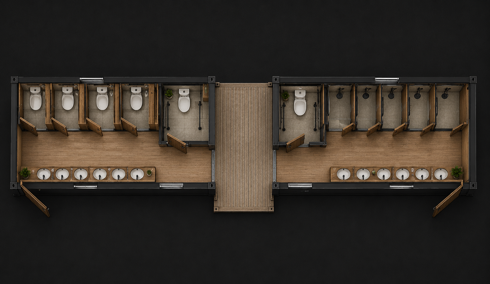 Plan top-view bloc sanitaires collectifs container — WC et douches séparés par genre