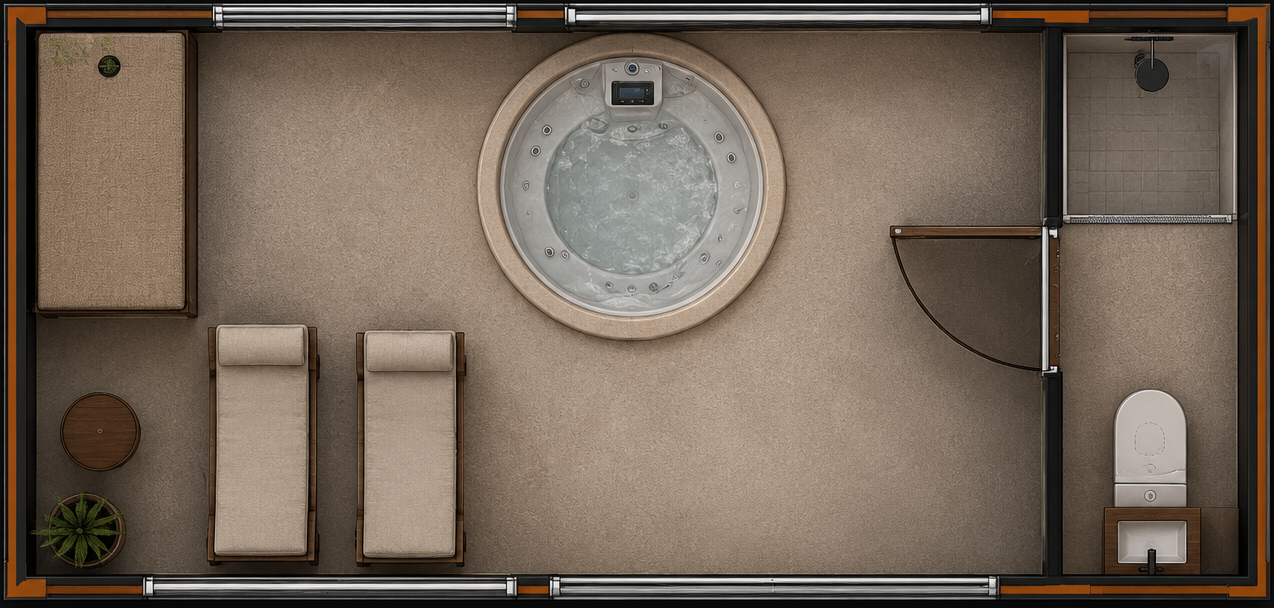 Plan top-view espace spa container 20 pieds — jacuzzi, zone détente, bloc sanitaire