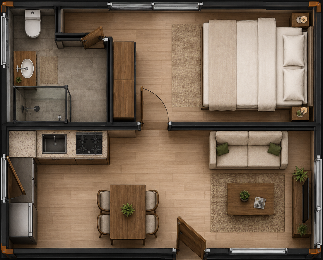 Plan top-view studio résidentiel container — chambre, séjour, cuisine équipée, salle de bain