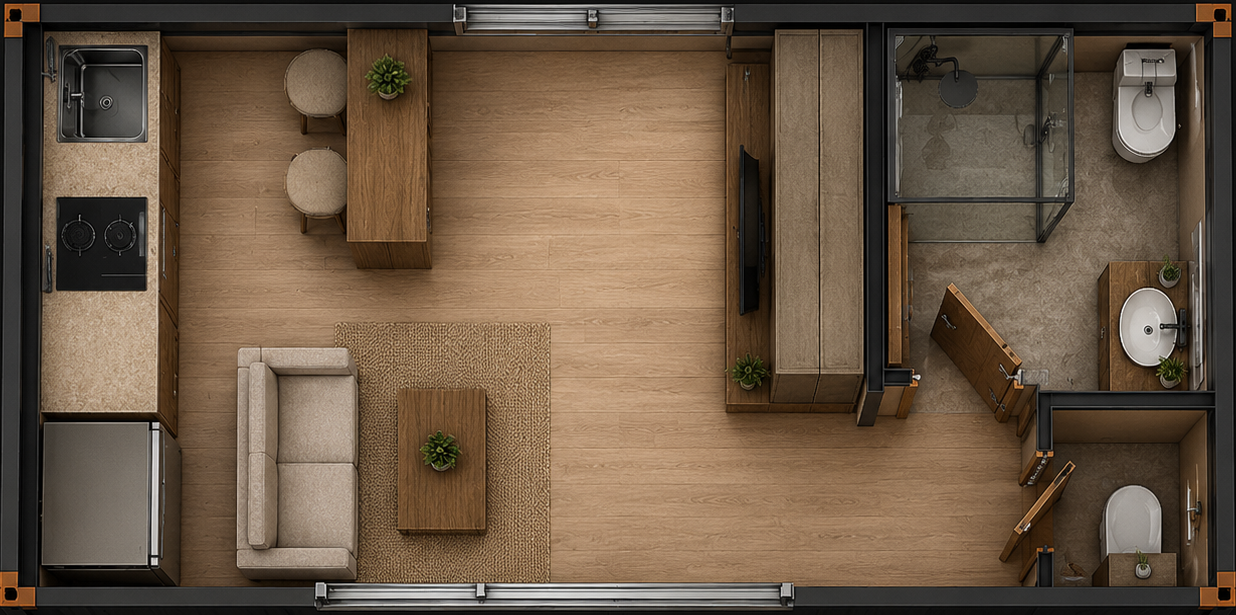 Plan top-view studio compact container 20 pieds — cuisine ouverte, salon, chambre, salle de bain